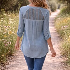 Blouse | Button Front | Asymmetrical | Blue 
Denim Look | Mesh Shoulders | Sz M